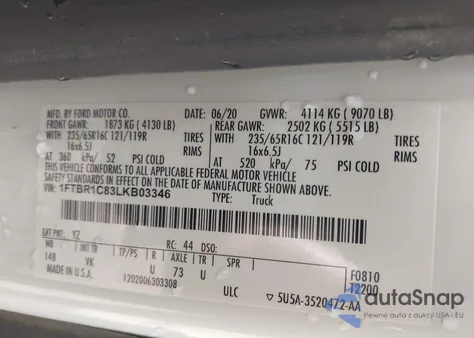 2020 Ford Transit-250 из США, поврежденный, VIN 1FTBR1C83LKB03346